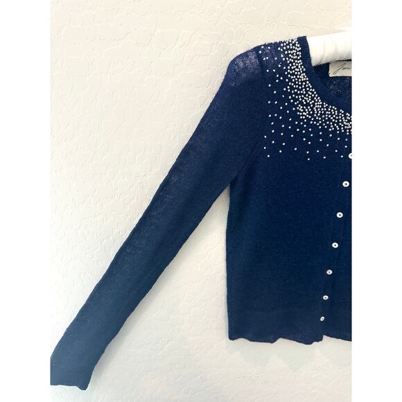 ANTHROPOLOGIE Jane Wheeler Navy Beaded Cardigan NWT Mohair Wool Blend Pearl | XS - Picture 3 of 10